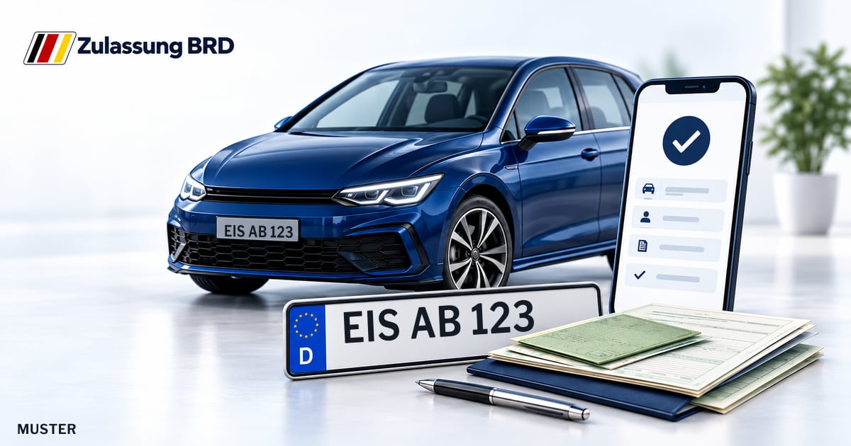Online Fahrzeugzulassung in Saale-Holzland-Kreis: Musterkennzeichen EIS AB 123, Auto und Fahrzeugpapiere und Smartphone. Illustration mit Logo von Zulassung BRD.